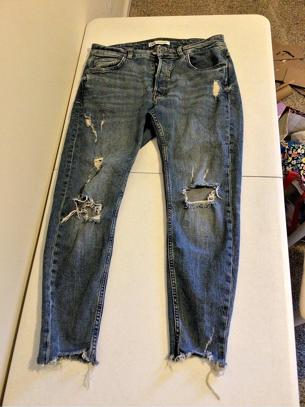 Zara Distressed Skinny Jeans in Blue Waist 14